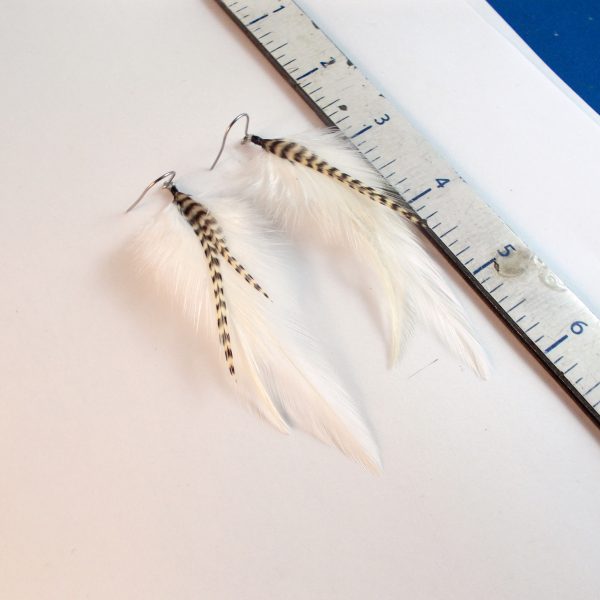 extra small white feather earrings with grizzly dangler natural feathers