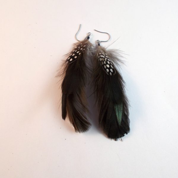 mini raven black with spots natural feather feather earrings