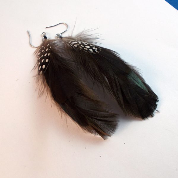 mini raven black with spots natural feather feather earrings