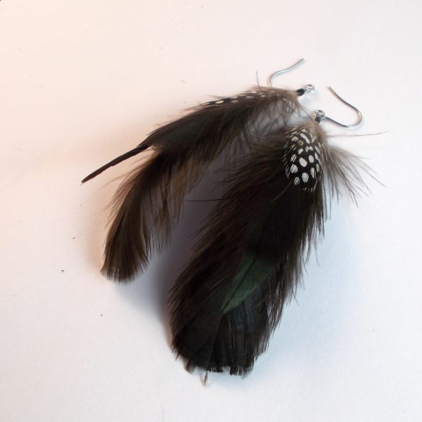 mini raven black with spots natural feather feather earrings