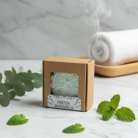 A single Freyja Botanica Eucalyptus & Peppermint shower steamer visible through the clear window of a brown kraft paper gift box. The box features a clean white label with a sage green botanical border and is displayed on a textured white surface under bright, natural lighting.