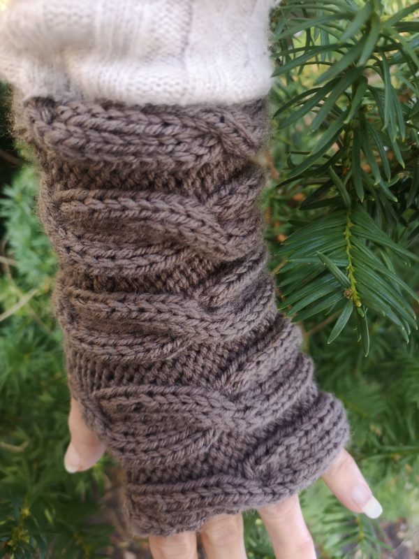 Truffle Brown Fingerless Cable Knit Gloves Mittens