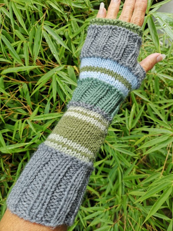 Green Gray Striped Multipattern Knit Fingerless Gloves Mittens Arm Warmers