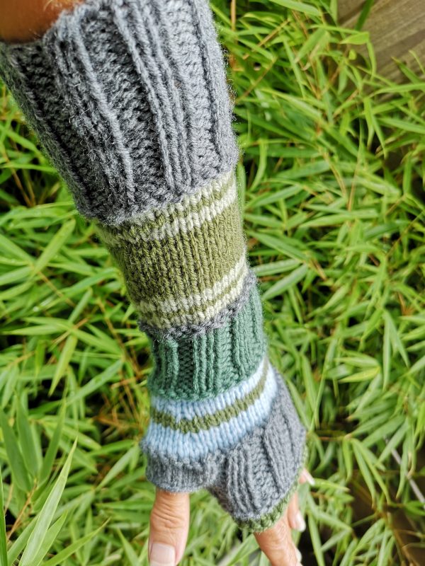 Green Gray Striped Multipattern Knit Fingerless Gloves Mittens Arm Warmers