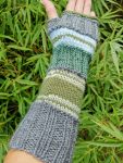 Green Gray Striped Multipattern Knit Fingerless Gloves Mittens Arm Warmers