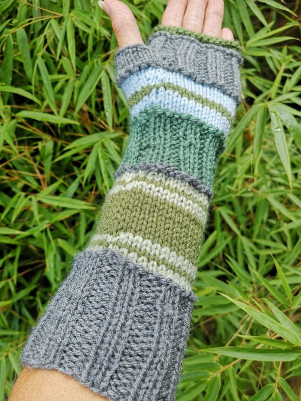 Green Gray Striped Multipattern Knit Fingerless Gloves Mittens Arm Warmers