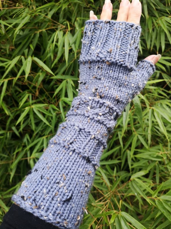 Denim Blue Warm Boho Tweed Knit Fingerless Gloves Arm Warmer