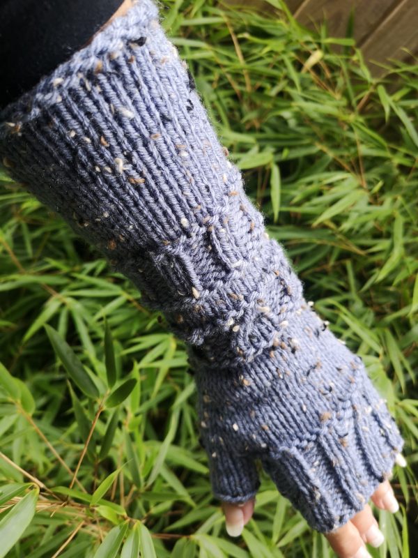 Denim Blue Warm Boho Tweed Knit Fingerless Gloves Arm Warmer