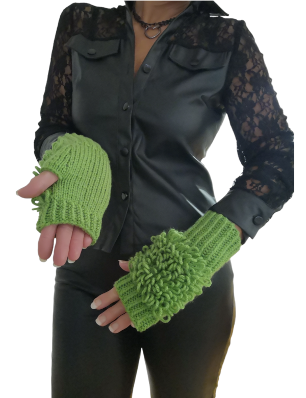 Knit Fingerless Loop Designer Gloves Green