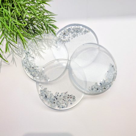 Shimmering Silver & Glass Resin Coaster – A Touch of Sparkle for Your Space (Set of 4)