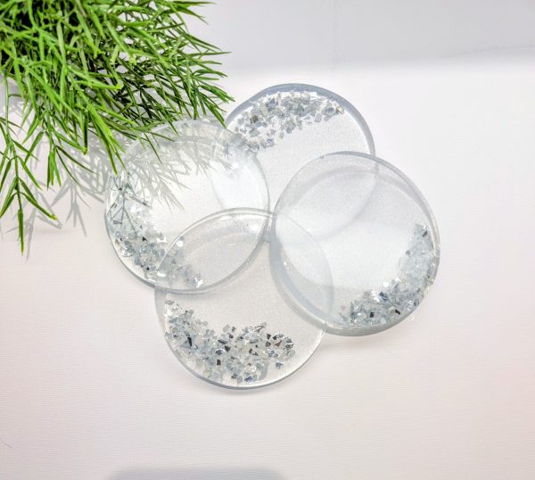 Shimmering Silver & Glass Resin Coaster – A Touch of Sparkle for Your Space (Set of 4)