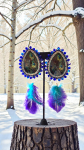 Peacock Feather Beaded Statement Earrings - Seed Bead Long Dangle Steel Posts Canadian Handmade