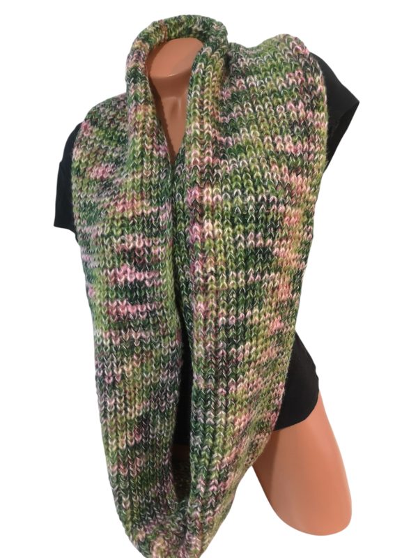 Green Pink Handknit Minimalist Infinity Scarf