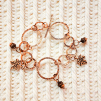 Handmade Copper Acorn Maple Leaf Bracelet - Autumn Nature Jewelry Hammered Texture Toggle Clasp