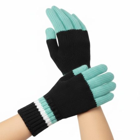 Black Turquoise White Handknit Full-Finger Gloves Mittens