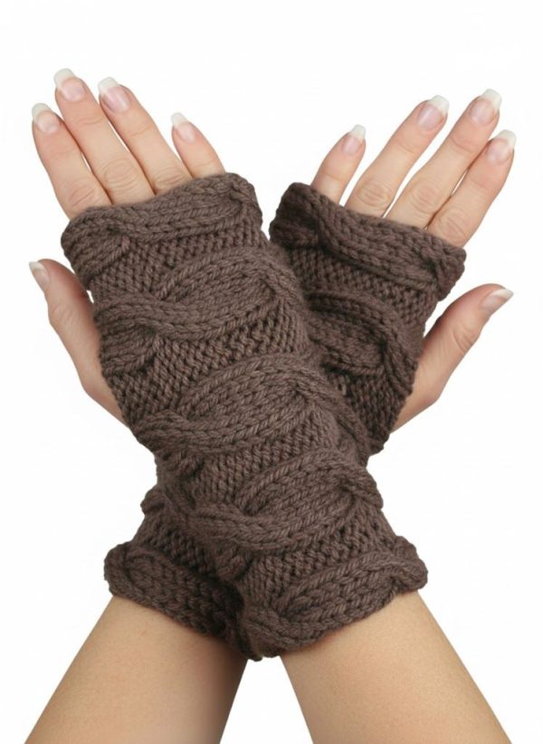 Truffle Brown Fingerless Cable Knit Gloves Mittens