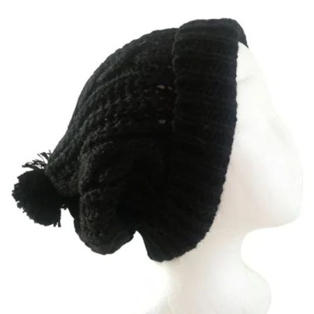 Black Knitted Toque Beanie Winter Hat With Pompom
