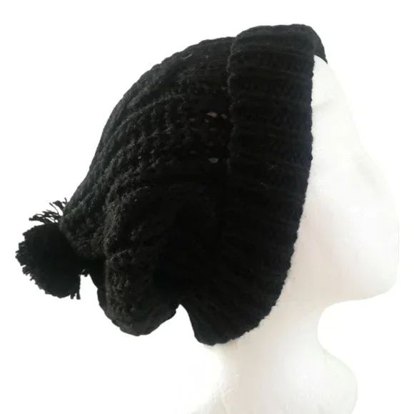 Black Knitted Toque Beanie Winter Hat With Pompom