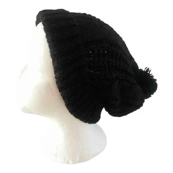 Black Knitted Toque Beanie Winter Hat With Pompom
