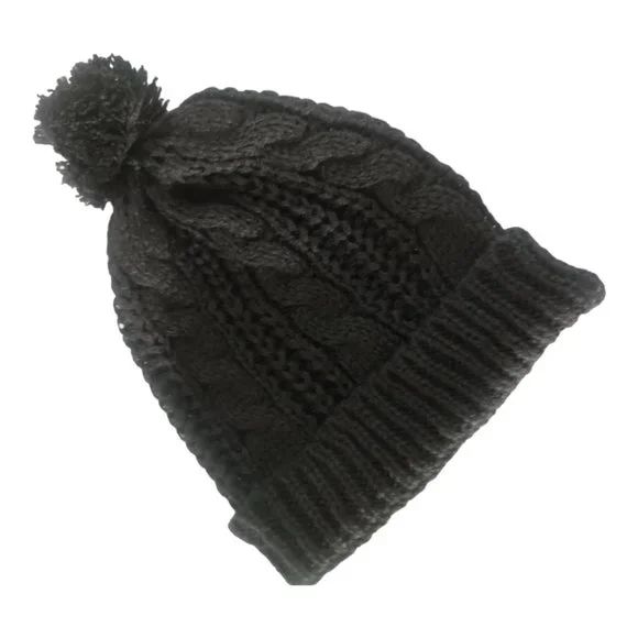 Black Knitted Toque Beanie Winter Hat With Pompom