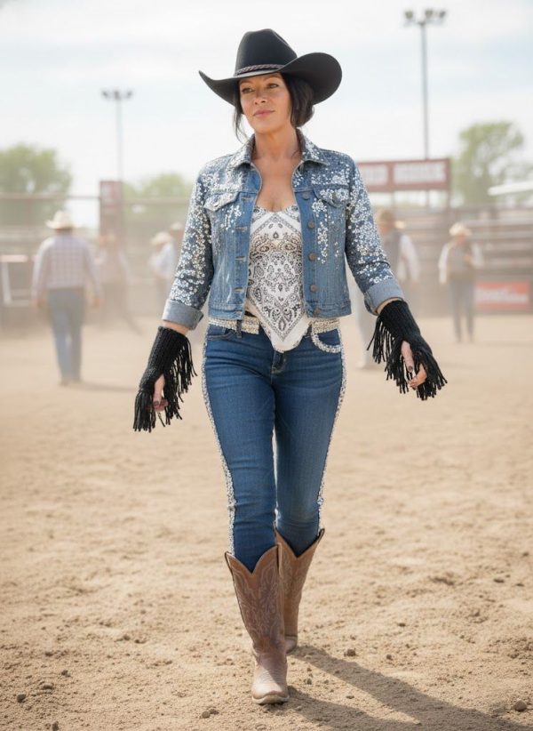 Black Fingerless Fringes Cowgirl Stampede Rodeo Gloves Mittens ArmWarmer