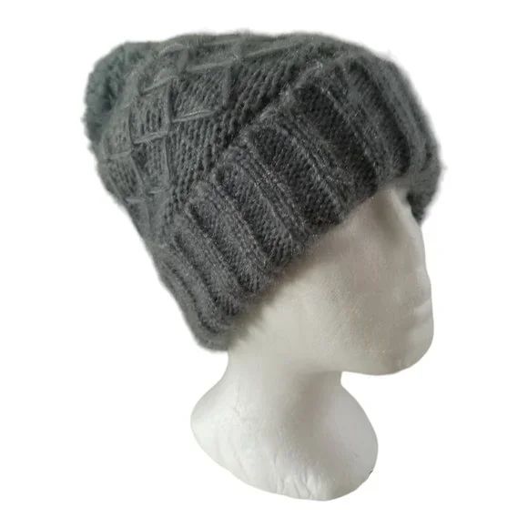 Grey Heather Knitted Lined Pompom Toque Beanie Winter Hat