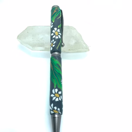 Art Deco Twist Pen in Antique Silver . White daises with leaves designed Pen, Hand turned pen, Handmade
