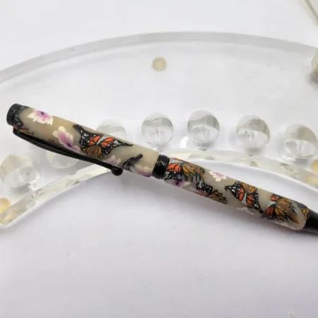 Daisy flower, Butterfly , designed Pen ,Art Deco Twist Pen in Black , Hand turned pen, Handmade