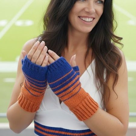 Blue and Orange Fingerless Handknit Gloves Mittens
