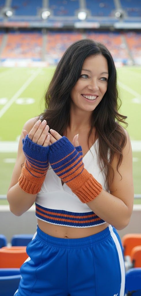 Blue and Orange Fingerless Handknit Gloves Mittens