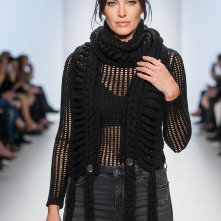 Handmade distressed braided knit scarf with fringes, black