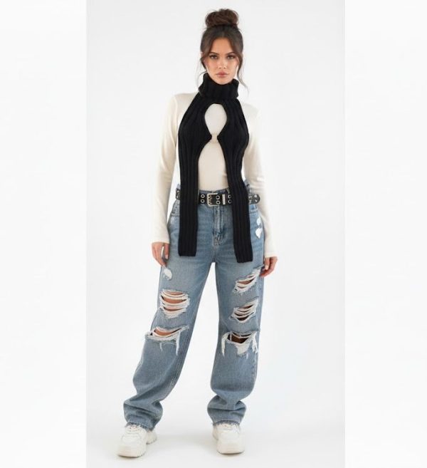 Rib Knit ORing Party Rave Festival Turtleneck Halter Top Black