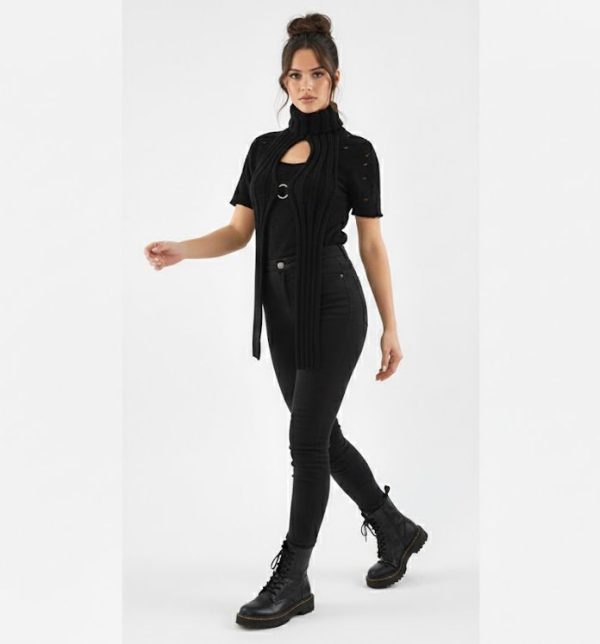 Rib Knit ORing Party Rave Festival Turtleneck Halter Top Black