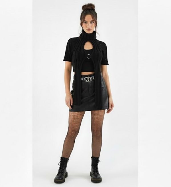 Rib Knit ORing Party Rave Festival Turtleneck Halter Top Black