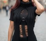 Rib Knit ORing Party Rave Festival Turtleneck Halter Top Black