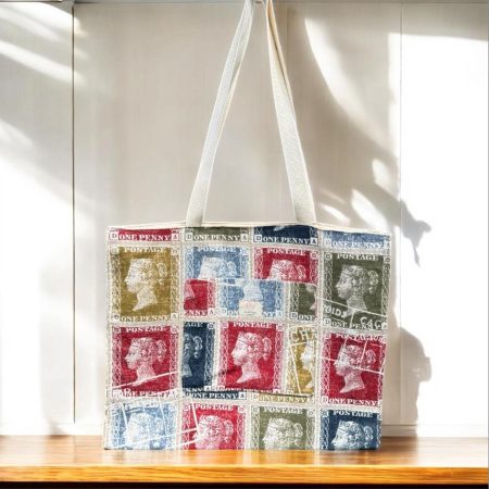 Cotton Tote Bag – Vintage Stamp Print with Inside and Front Pocket & Coin Purse