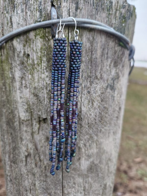 Iridescent Blue Seed Bead Fringe Earrings