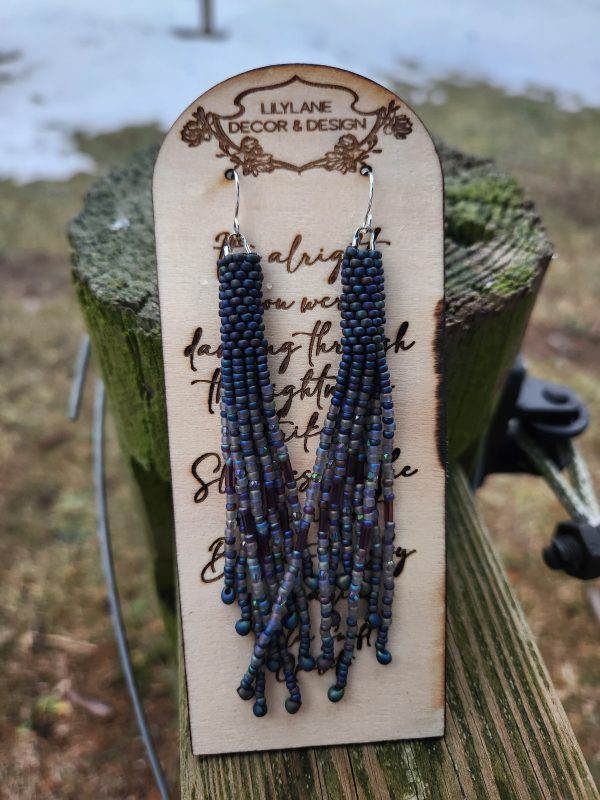 Iridescent Blue Seed Bead Fringe Earrings