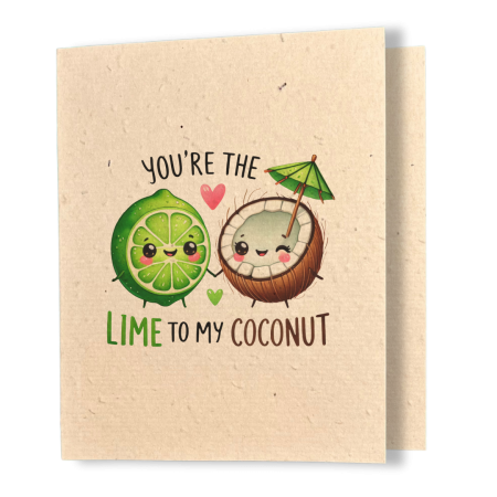 plantable greeting card, natural coloured paper, embedded with wildflower seeds, an image in kawaii style of a lime and a coconut holding hands, the sentiment reads you're the lime to my coconut.