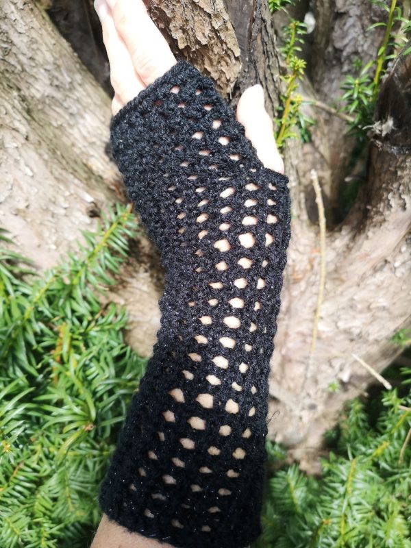 Black Metallic Handmade Ajour Net Knit Fingerless Gloves
