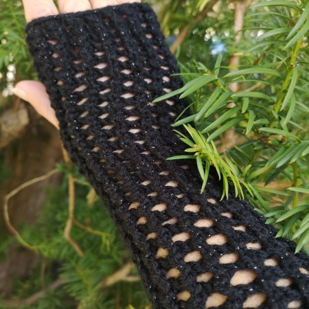 Black Metallic Handmade Ajour Net Knit Fingerless Gloves