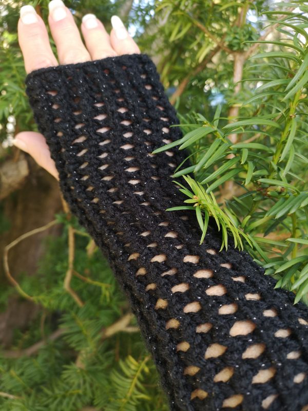 Black Metallic Handmade Ajour Net Knit Fingerless Gloves