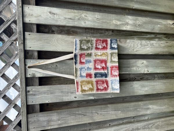 Cotton Tote Bag – Vintage Stamp Print with Inside and Front Pocket & Coin Purse