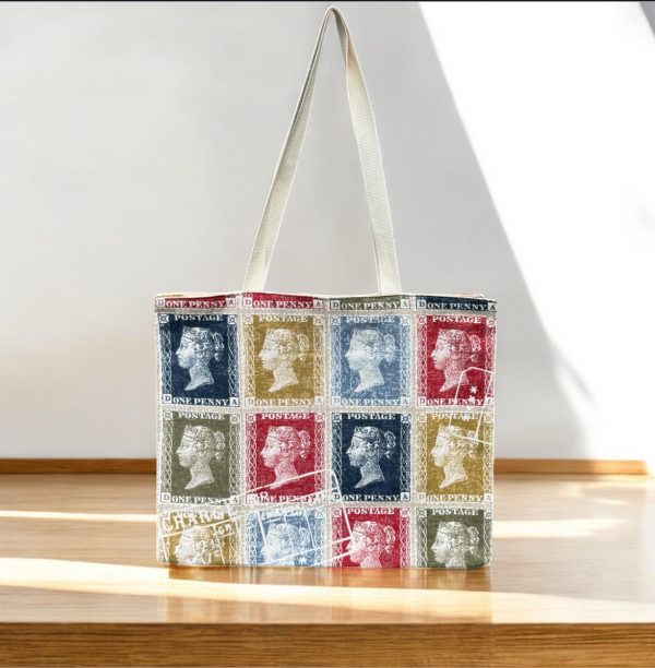 Cotton Tote Bag – Vintage Stamp Print with Inside and Front Pocket & Coin Purse