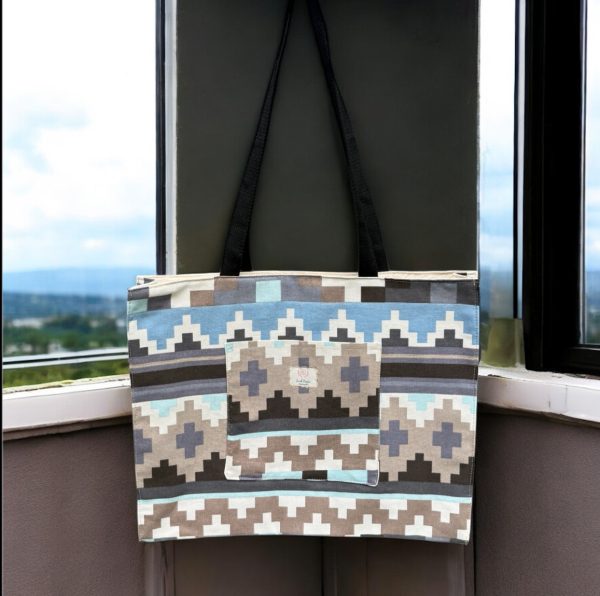Cotton Tote Bag – Sequoia Stripe Geometric Print with Inside and Front Pocket & Coin Purse