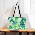 Cotton Tote Bag – Palm Leaf Print, Inside and Front Pocket & Coin Purse