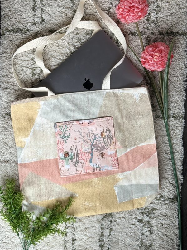 Abstract Art Cotton Tote Bag: Floral Inside and Front Pocket, Coin Purse