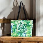 Cotton Tote Bag – Palm Leaf Print, Inside and Front Pocket & Coin Purse