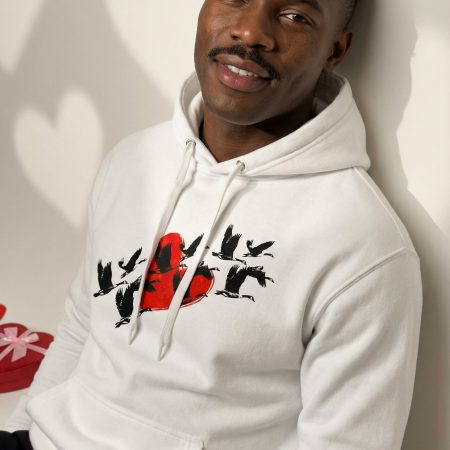 White Flight Birds Valentine Hoodie worn by black man