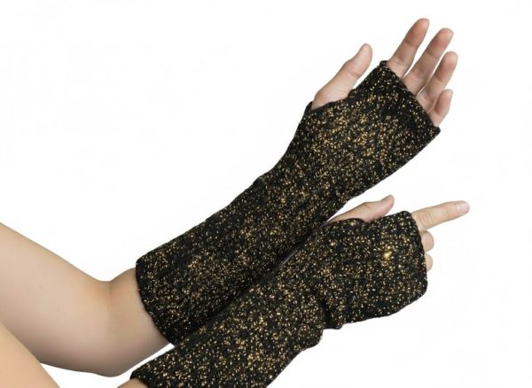 Black Gold Metallic Glitter Knitted Fingerless Gloves Armwarmer